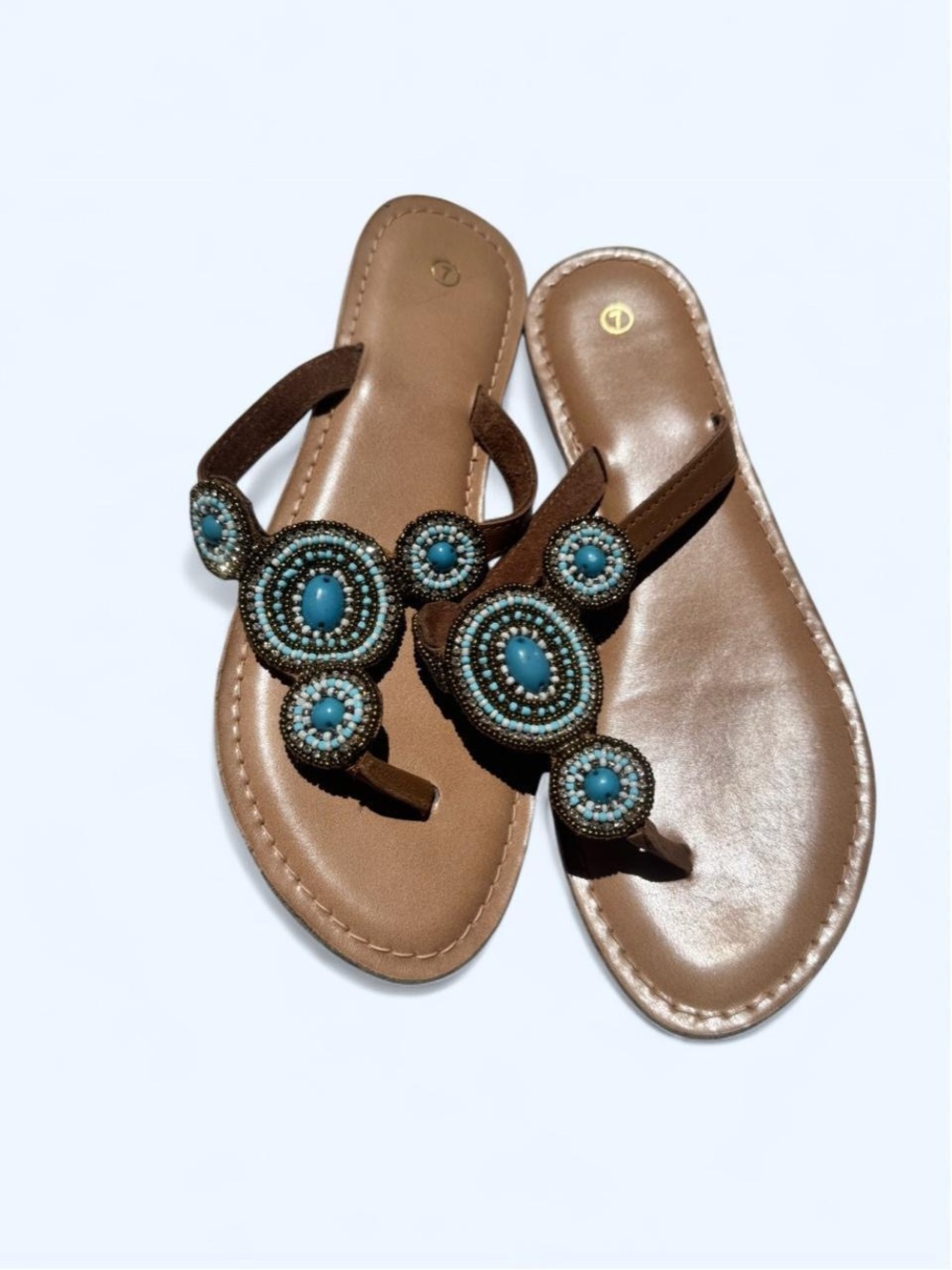 Beaded Turquoise Accent Brown Thong Sandals
